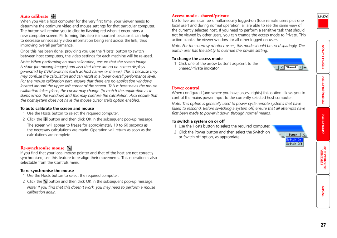 Lindy CPU IP Access Switch Plus manual Auto calibrate, Re-synchronise mouse, Access mode shared/private, Power control 