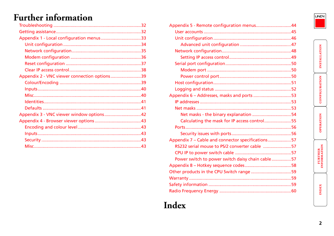 Lindy CPU IP Access Switch Plus manual Index 