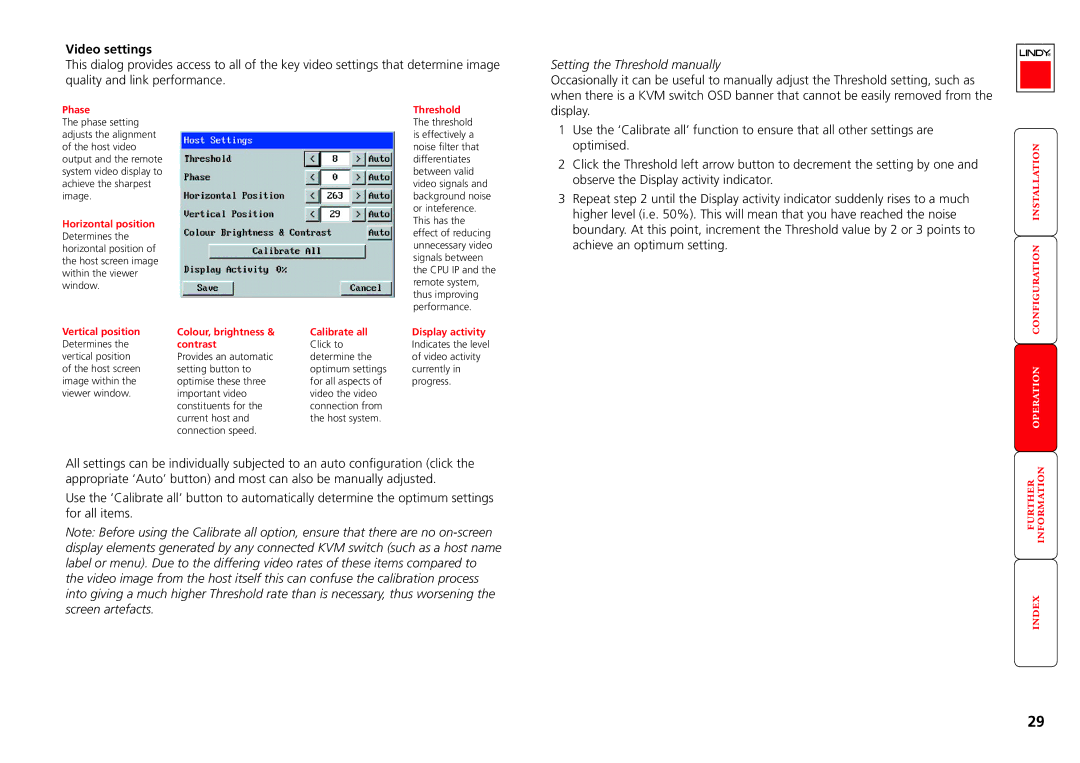 Lindy CPU IP Access Switch Plus Setting the Threshold manually, Phase, Contrast,   