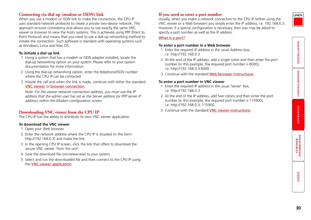 Lindy CPU IP Access Switch Plus manual Connecting via dial up modem or Isdn link, Downloading VNC viewer from the CPU IP 