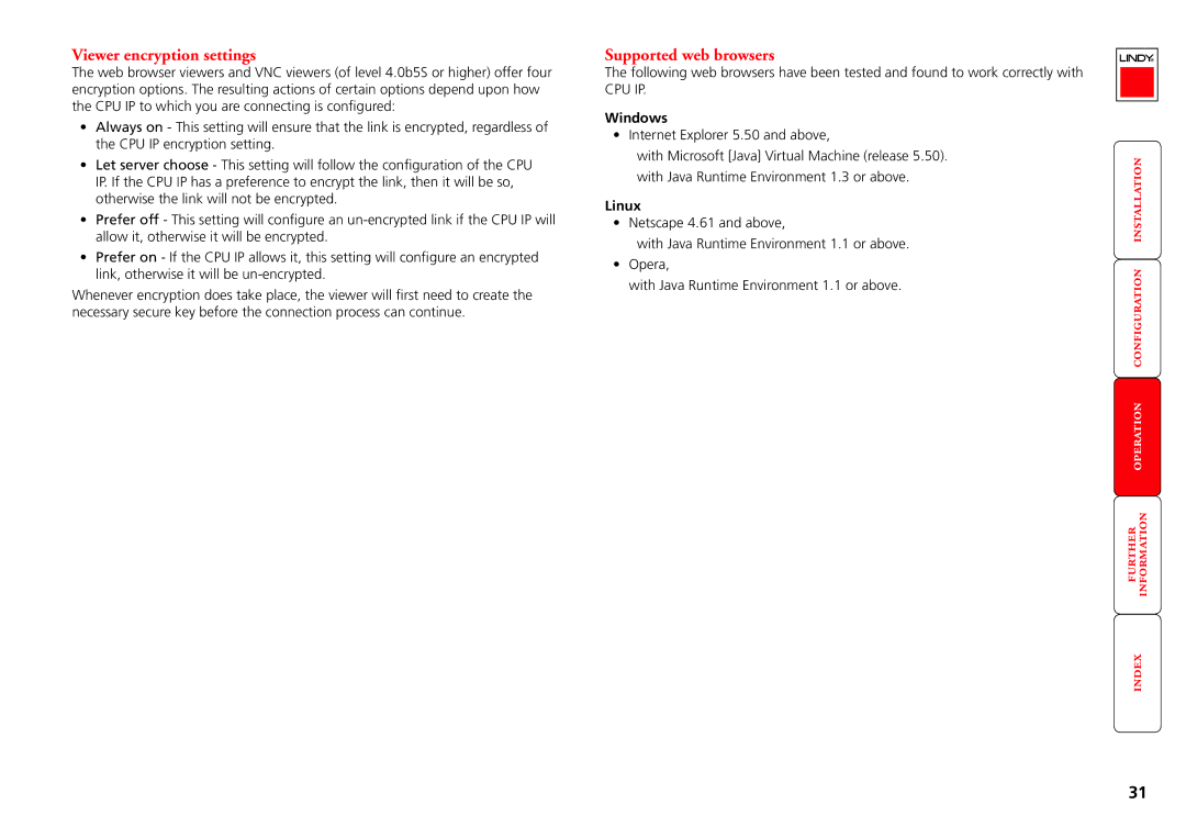 Lindy CPU IP Access Switch Plus manual Viewer encryption settings, Supported web browsers, Windows, Linux 