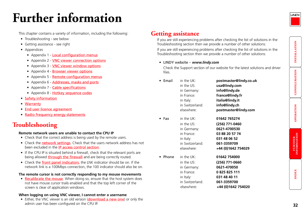 Lindy CPU IP Access Switch Plus manual Troubleshooting, Getting assistance 