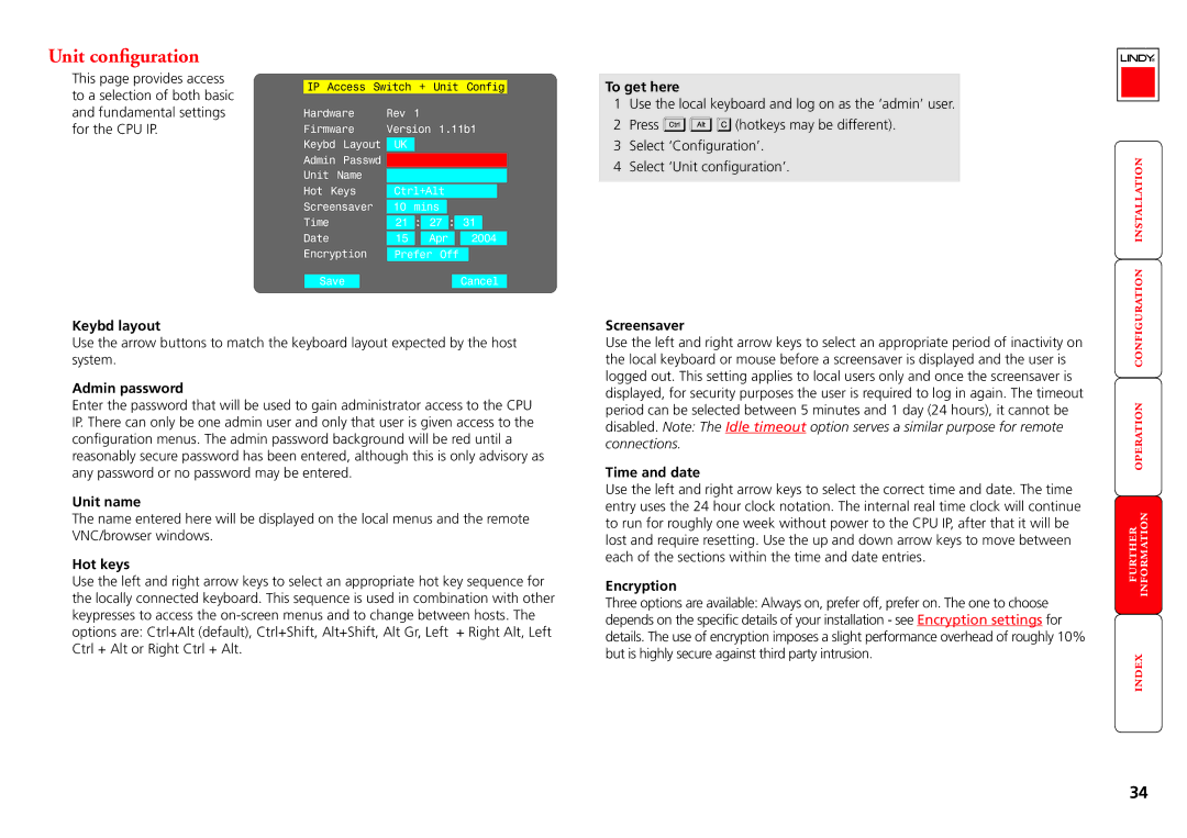 Lindy CPU IP Access Switch Plus manual Unit configuration 