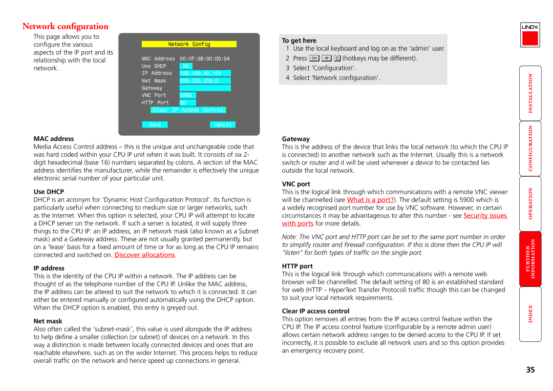 Lindy CPU IP Access Switch Plus manual Network configuration 