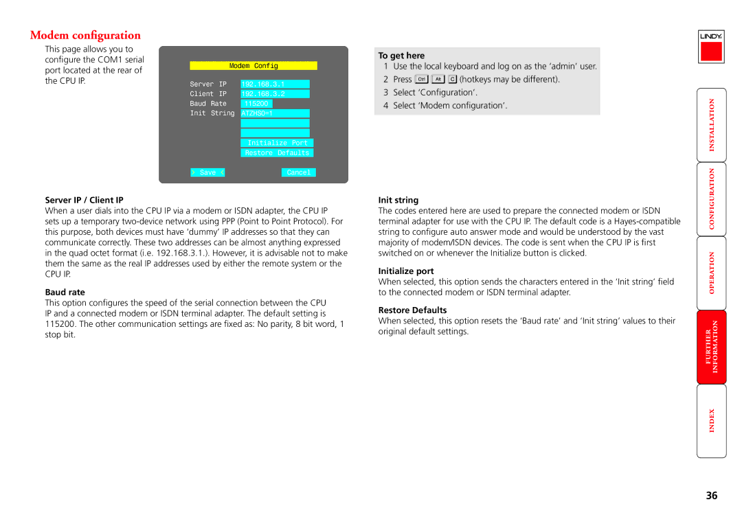 Lindy CPU IP Access Switch Plus manual Modem configuration 