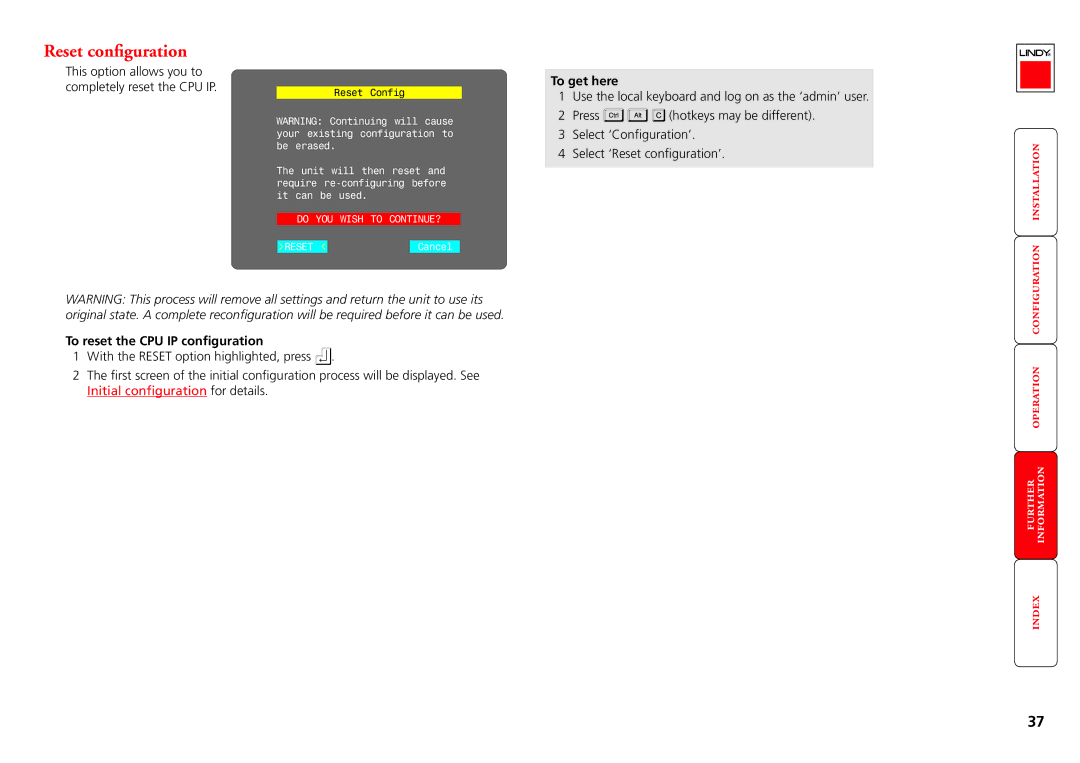 Lindy CPU IP Access Switch Plus manual Reset configuration, To reset the CPU IP configuration 