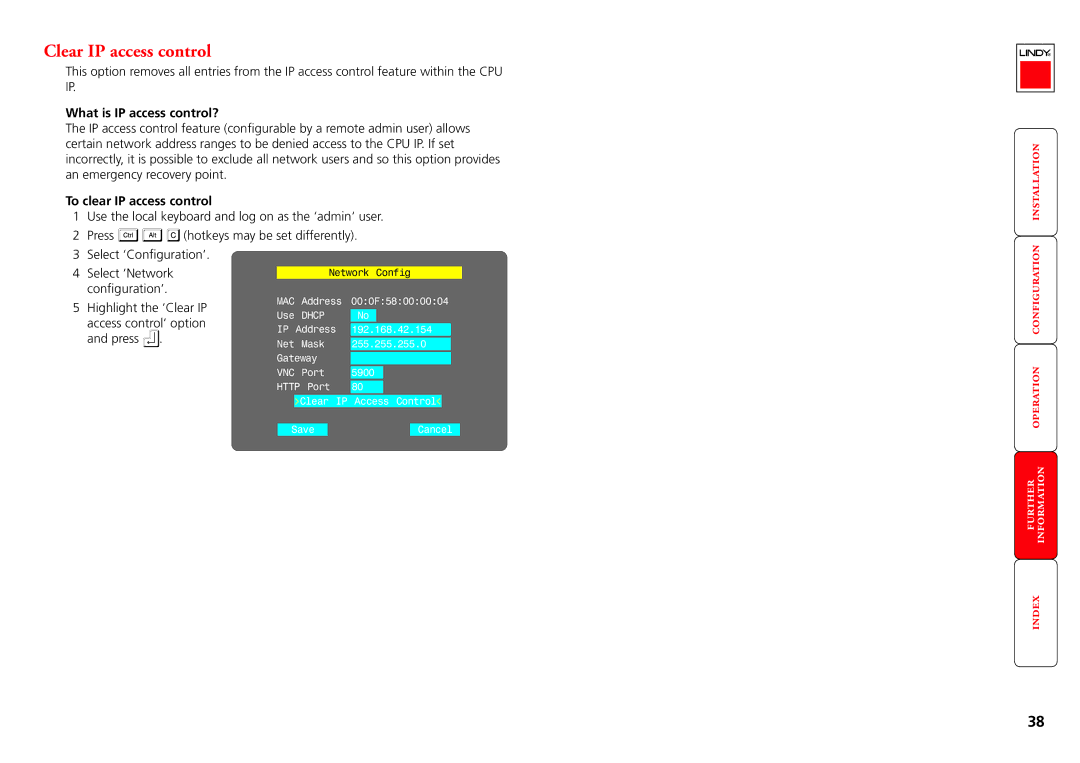 Lindy CPU IP Access Switch Plus manual Clear IP access control, What is IP access control?, To clear IP access control 