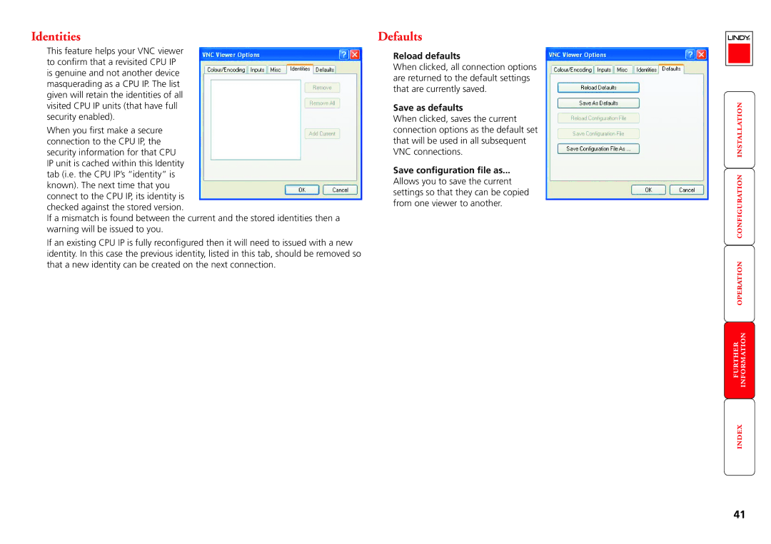 Lindy CPU IP Access Switch Plus manual Identities, Defaults, Reload defaults, Save as defaults, Save configuration file as 