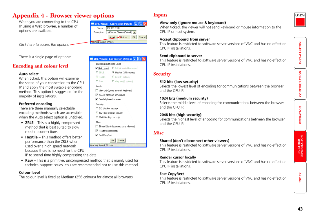 Lindy CPU IP Access Switch Plus manual Appendix 4 Browser viewer options, Encoding and colour level, Security 