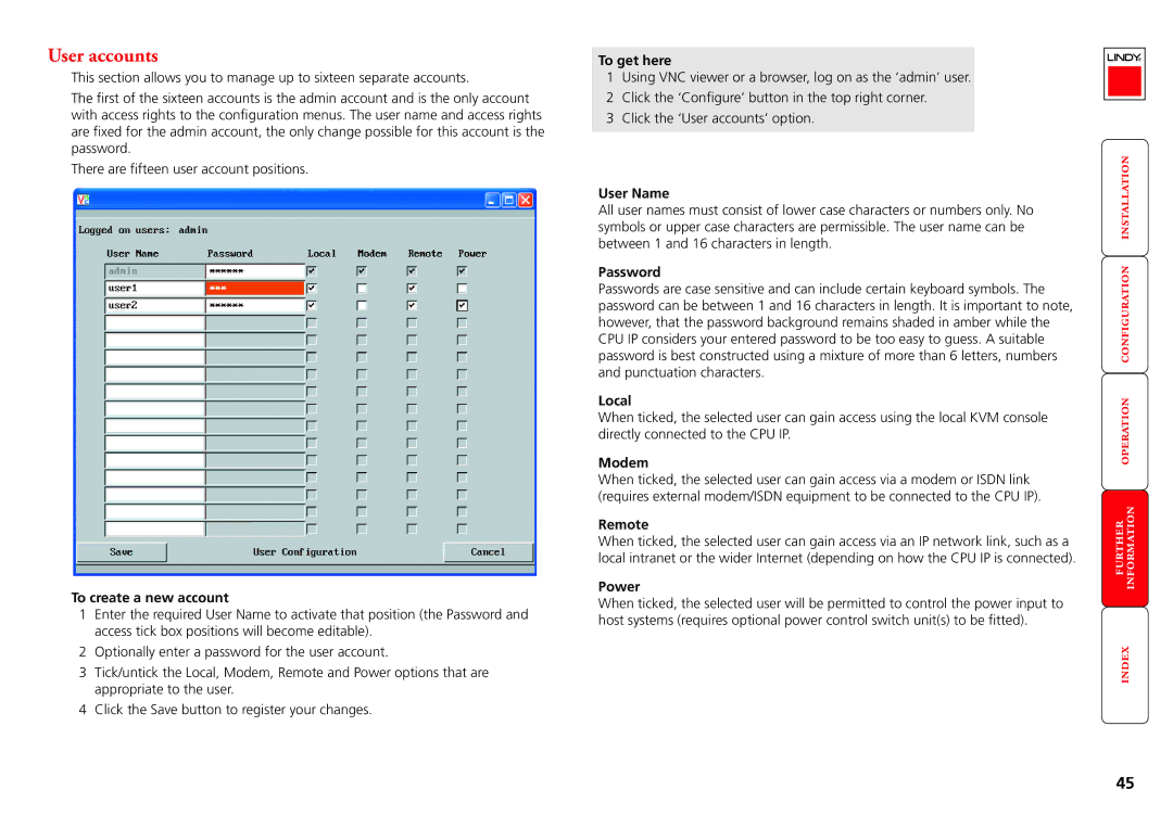 Lindy CPU IP Access Switch Plus manual User accounts 