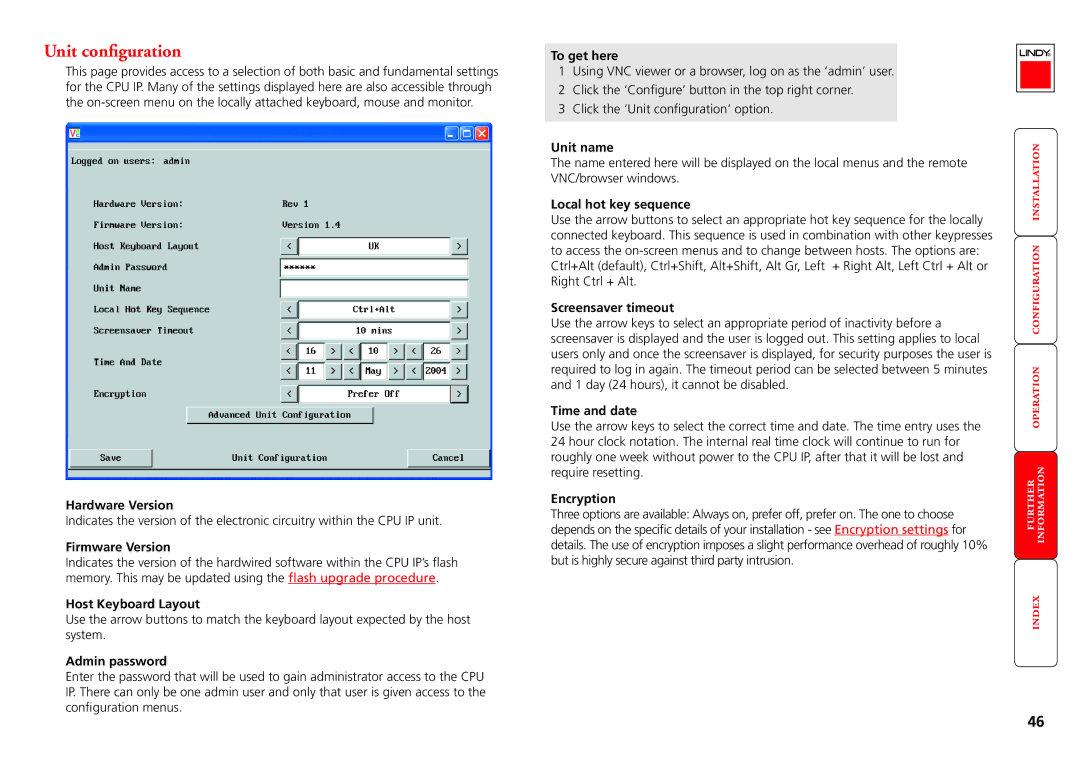 Lindy CPU IP Access Switch Plus manual Hardware Version, Firmware Version, Host Keyboard Layout, Local hot key sequence 