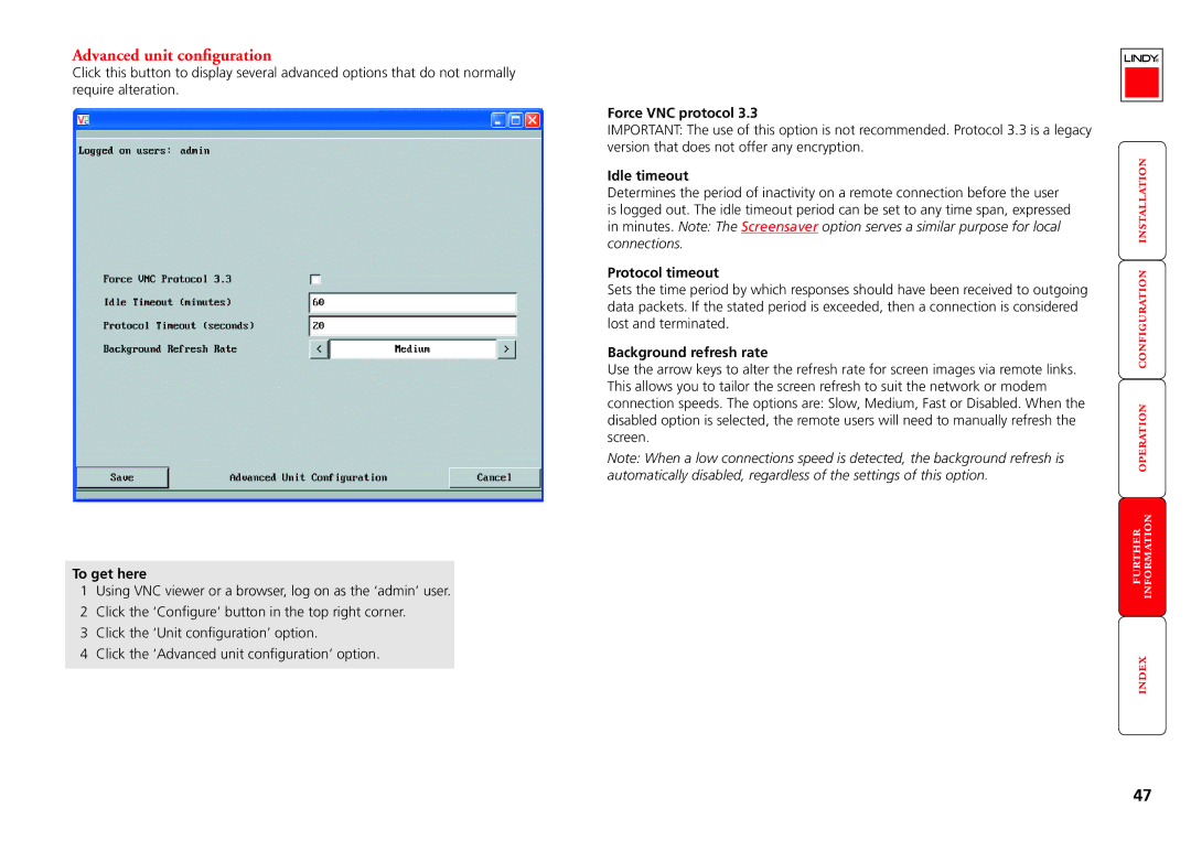 Lindy CPU IP Access Switch Plus manual Advanced unit configuration, Force VNC protocol, Idle timeout, Protocol timeout 