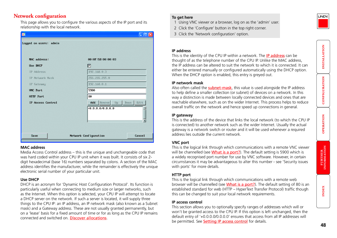 Lindy CPU IP Access Switch Plus manual IP network mask, IP gateway, IP access control 