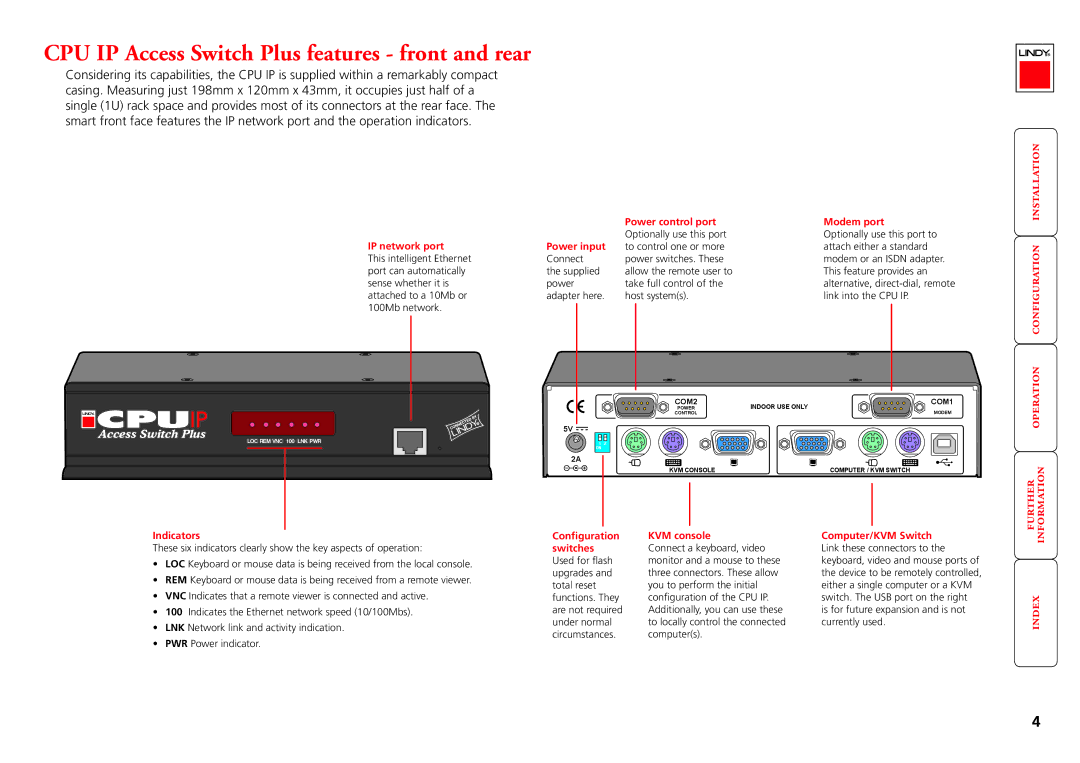 Lindy manual CPU IP Access Switch Plus features front and rear 