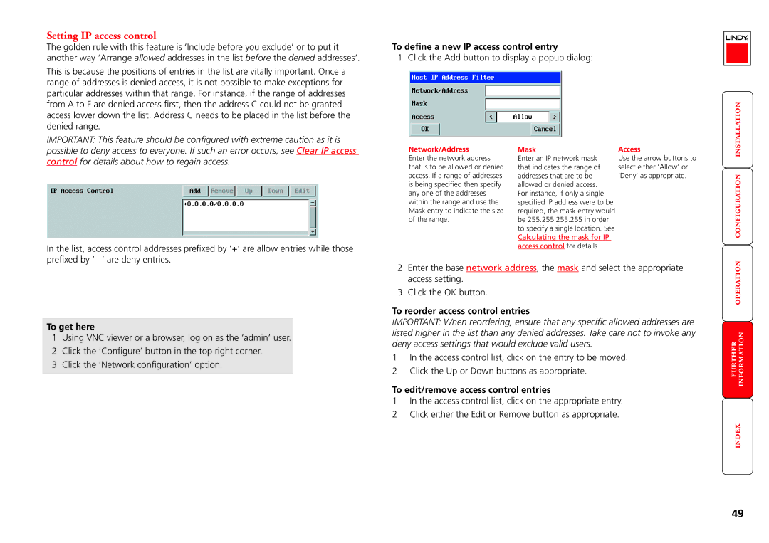 Lindy CPU IP Access Switch Plus manual Setting IP access control, To define a new IP access control entry 