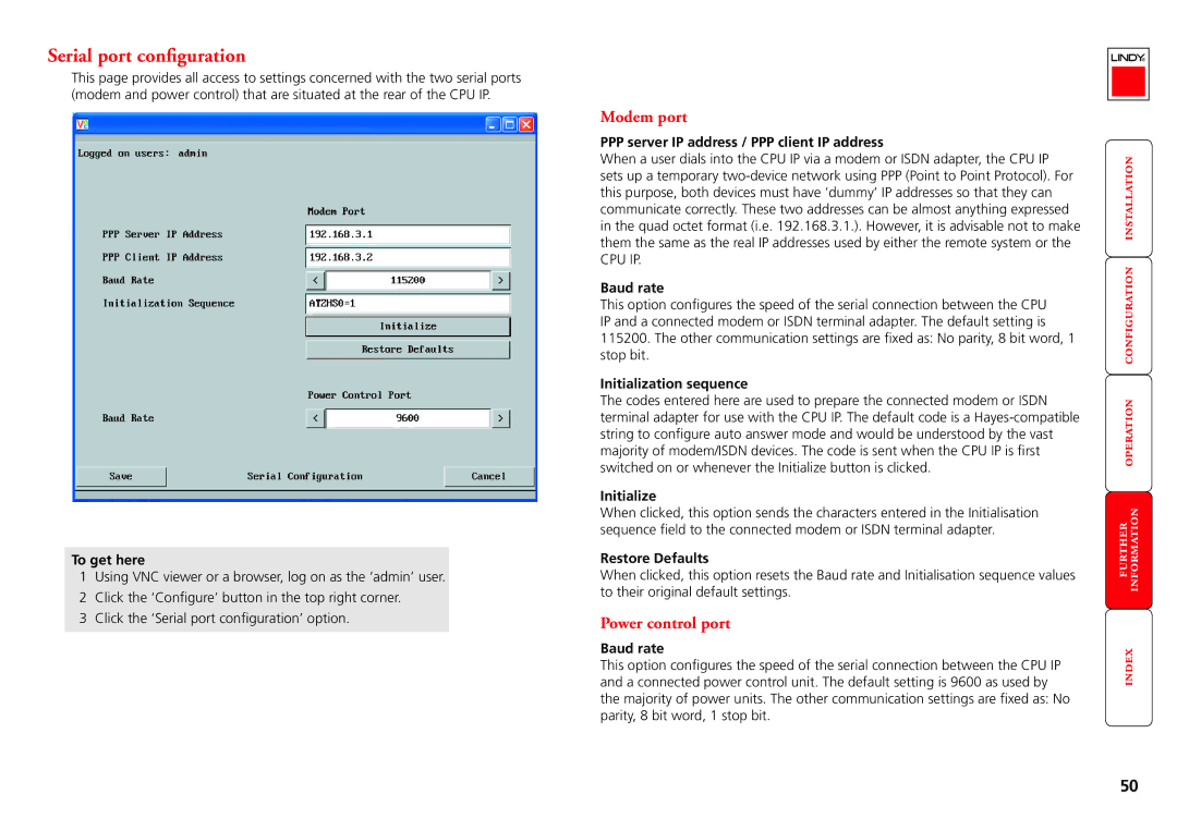 Lindy CPU IP Access Switch Plus manual Serial port configuration, Modem port, Power control port 