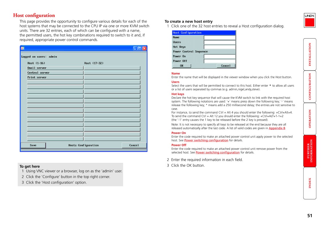 Lindy CPU IP Access Switch Plus manual Host configuration, To create a new host entry 