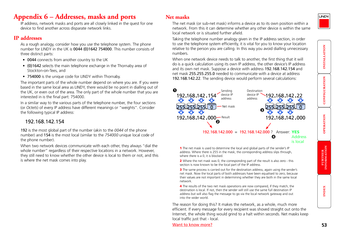 Lindy CPU IP Access Switch Plus manual Appendix 6 Addresses, masks and ports, IP addresses, Net masks 