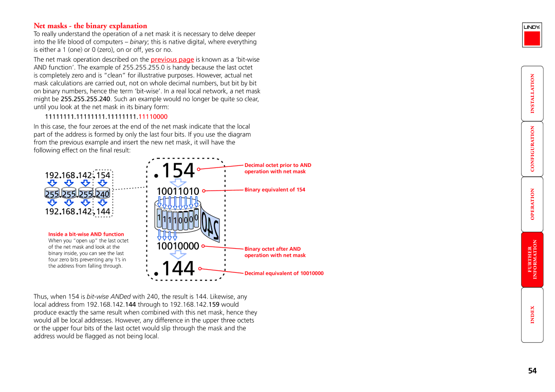 Lindy CPU IP Access Switch Plus manual Net masks the binary explanation, Inside a bit-wise and function, Binary equivalent 