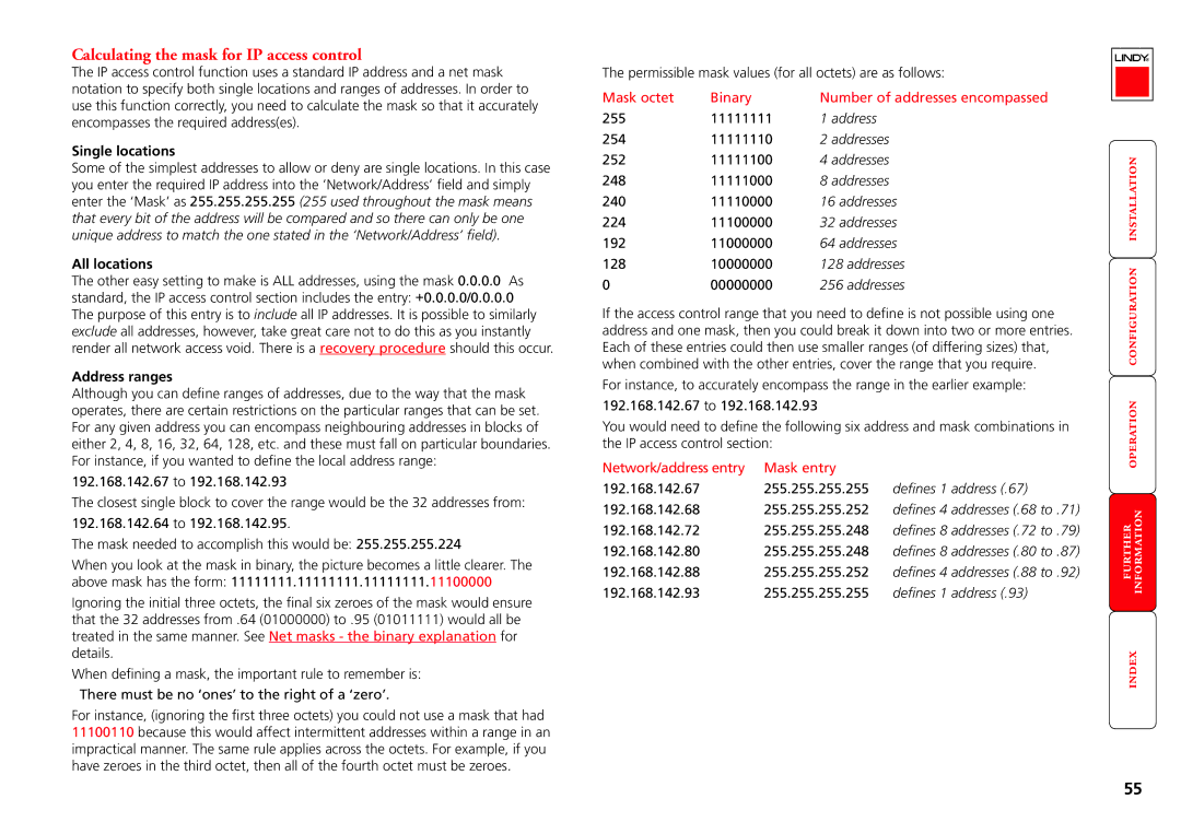 Lindy CPU IP Access Switch Plus manual Calculating the mask for IP access control, Single locations, All locations 