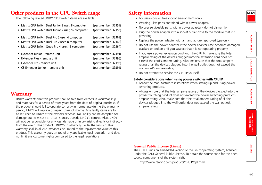 Lindy CPU IP Access Switch Plus manual Other products in the CPU Switch range, Warranty, Safety information 