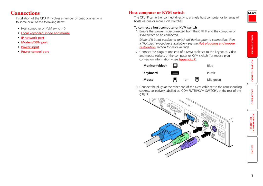 Lindy CPU IP Access Switch Plus manual Connections, Host computer or KVM switch 