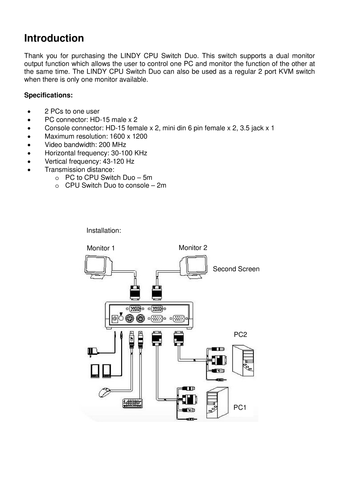 Lindy CPU Switch Duo manual Introduction, Specifications 