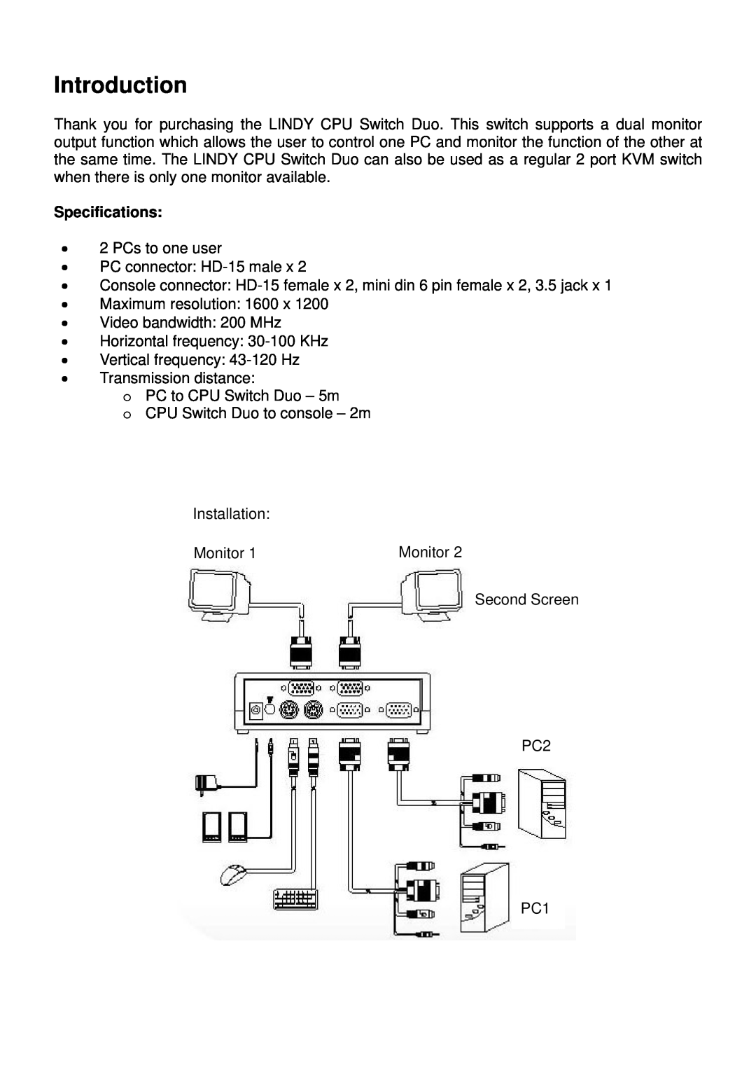 Lindy CPU Switch Duo manual Specifications, Introduction 