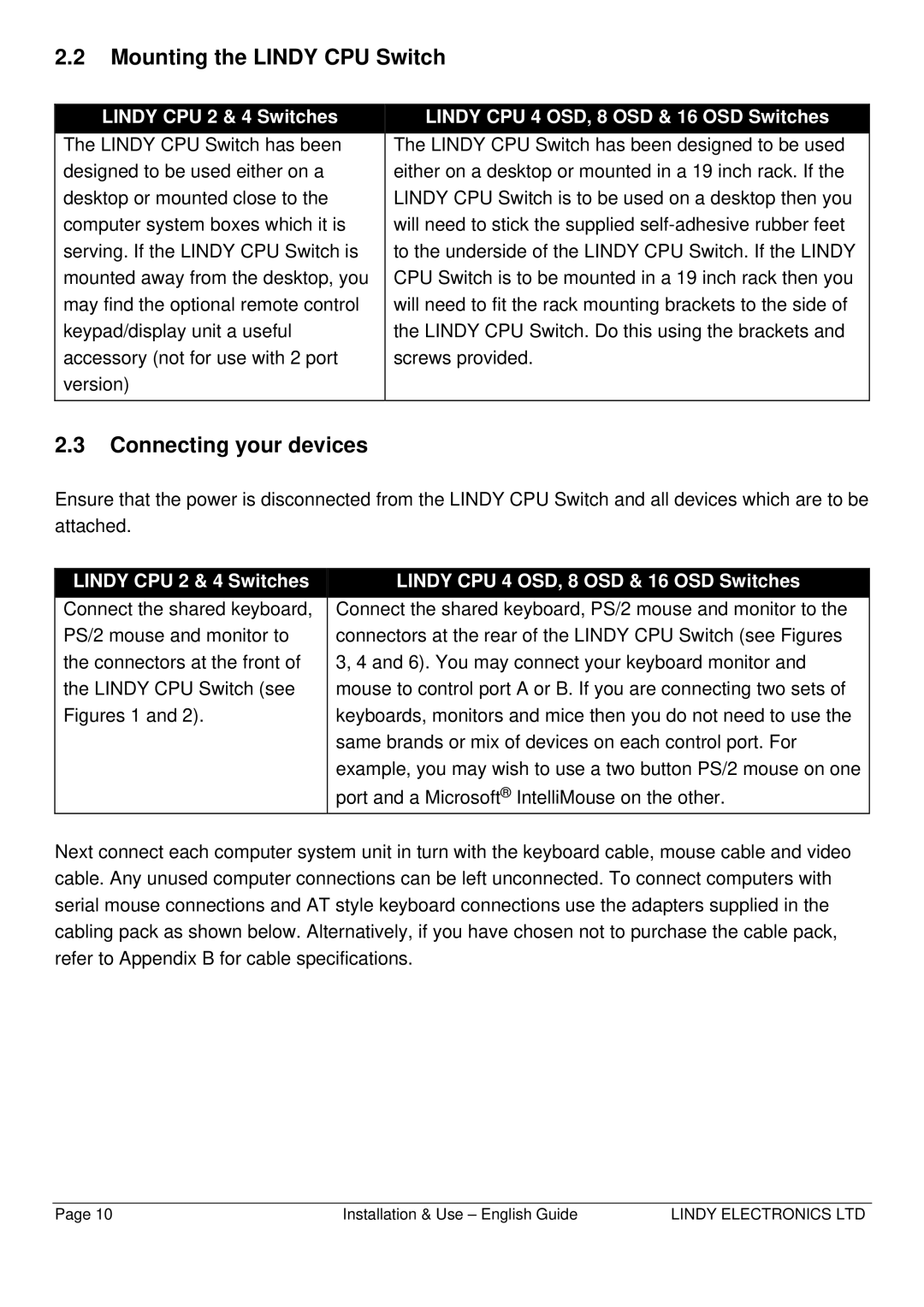 Lindy CPU SWITCH warranty Mounting the Lindy CPU Switch, Connecting your devices 