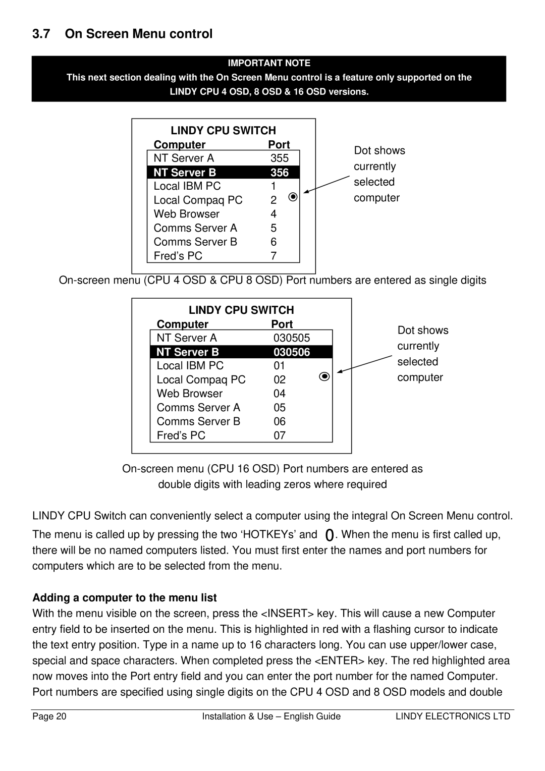 Lindy CPU SWITCH warranty On Screen Menu control, Important Note 