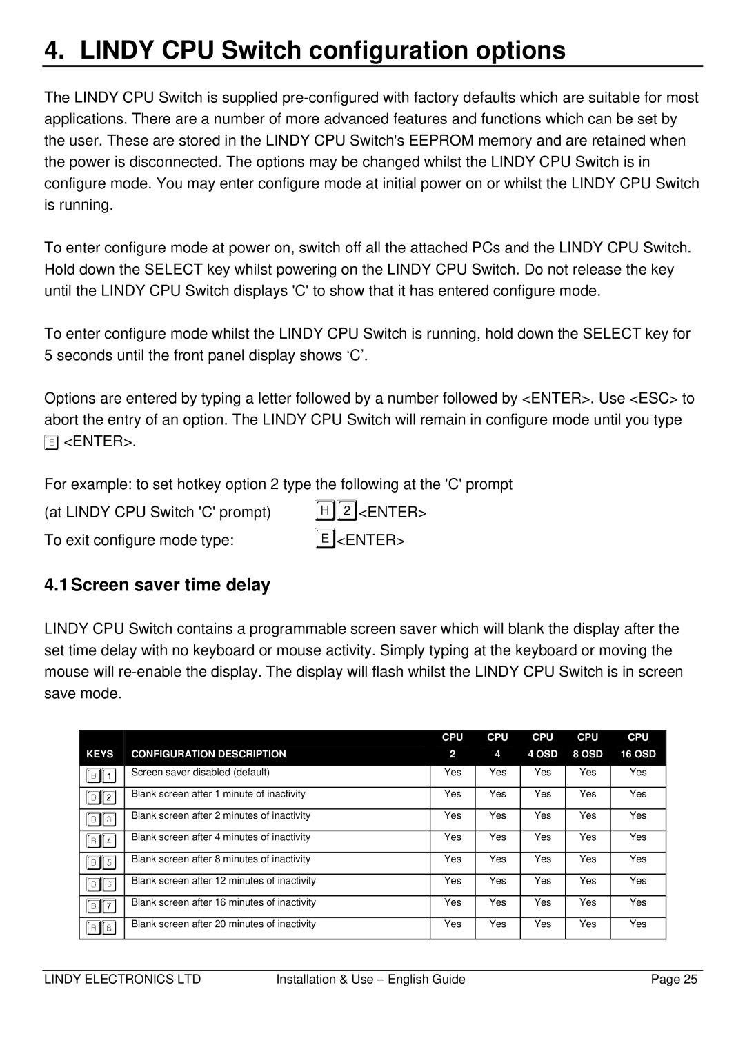 Lindy CPU SWITCH warranty Lindy CPU Switch configuration options, Screen saver time delay 