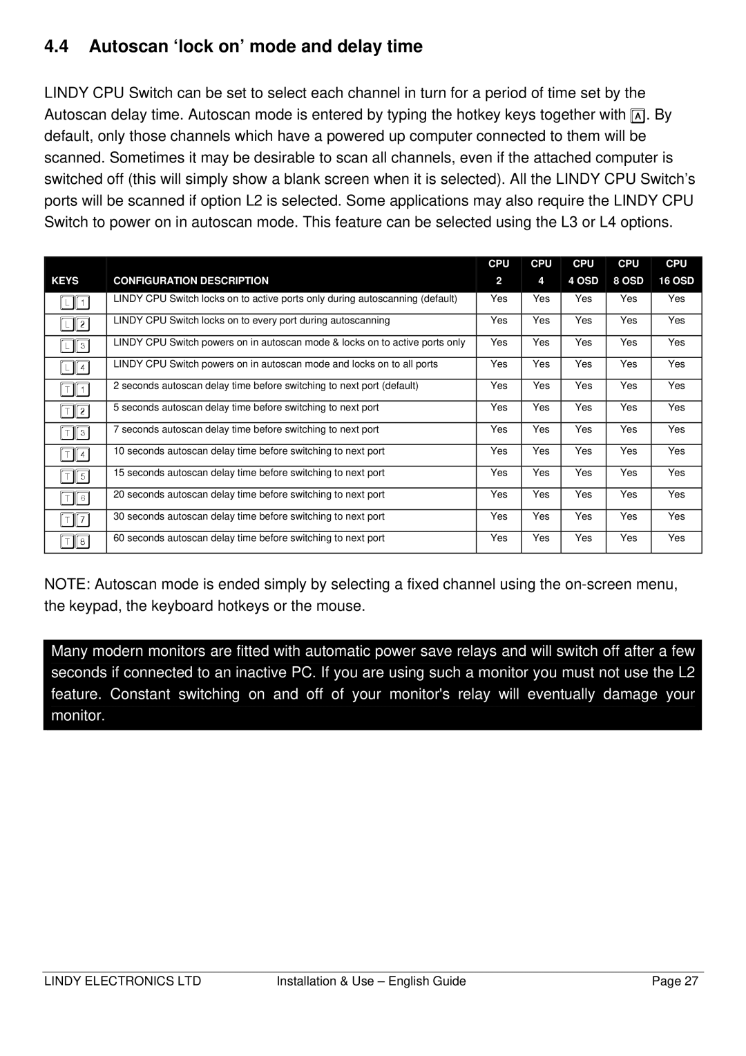 Lindy CPU SWITCH warranty Autoscan ‘lock on’ mode and delay time 