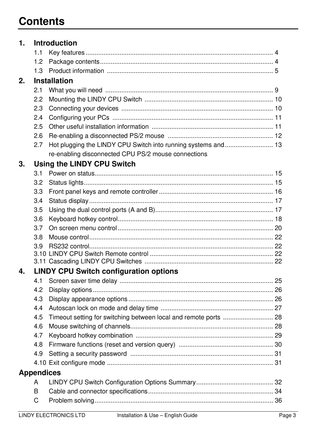 Lindy CPU SWITCH warranty Contents 