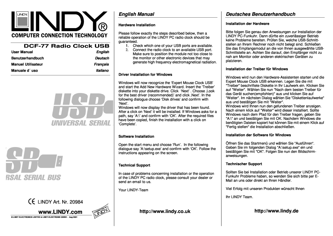 Lindy user manual English Manual, Deutsches Benutzerhandbuch, DCF-77 Radio Clock USB, LINDY Art. Nr, Italiano 