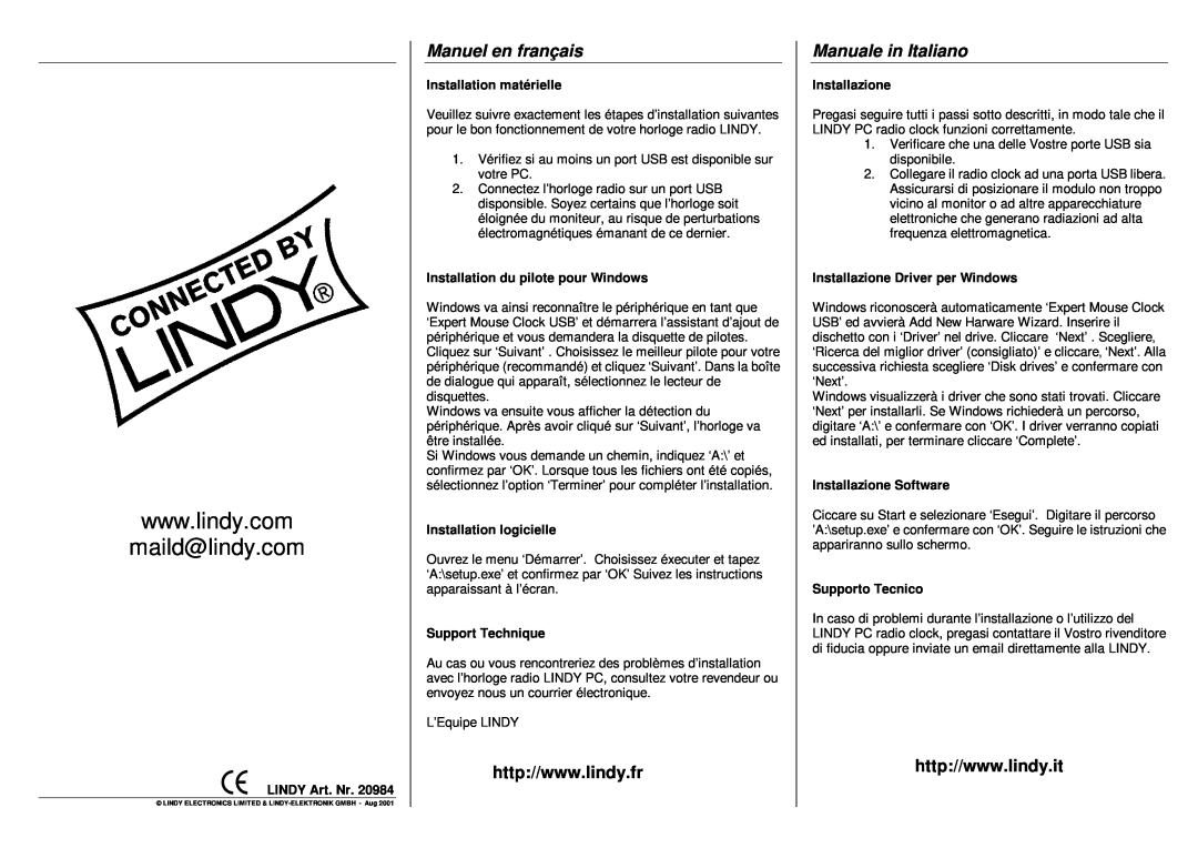 Lindy DCF-77 user manual Manuel en franç ais, Manuale in Italiano, maild@lindy.com 