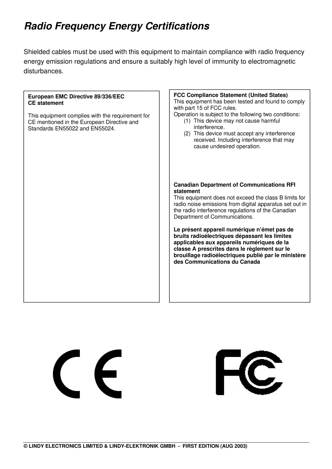 Lindy GMBH user manual Radio Frequency Energy Certifications 