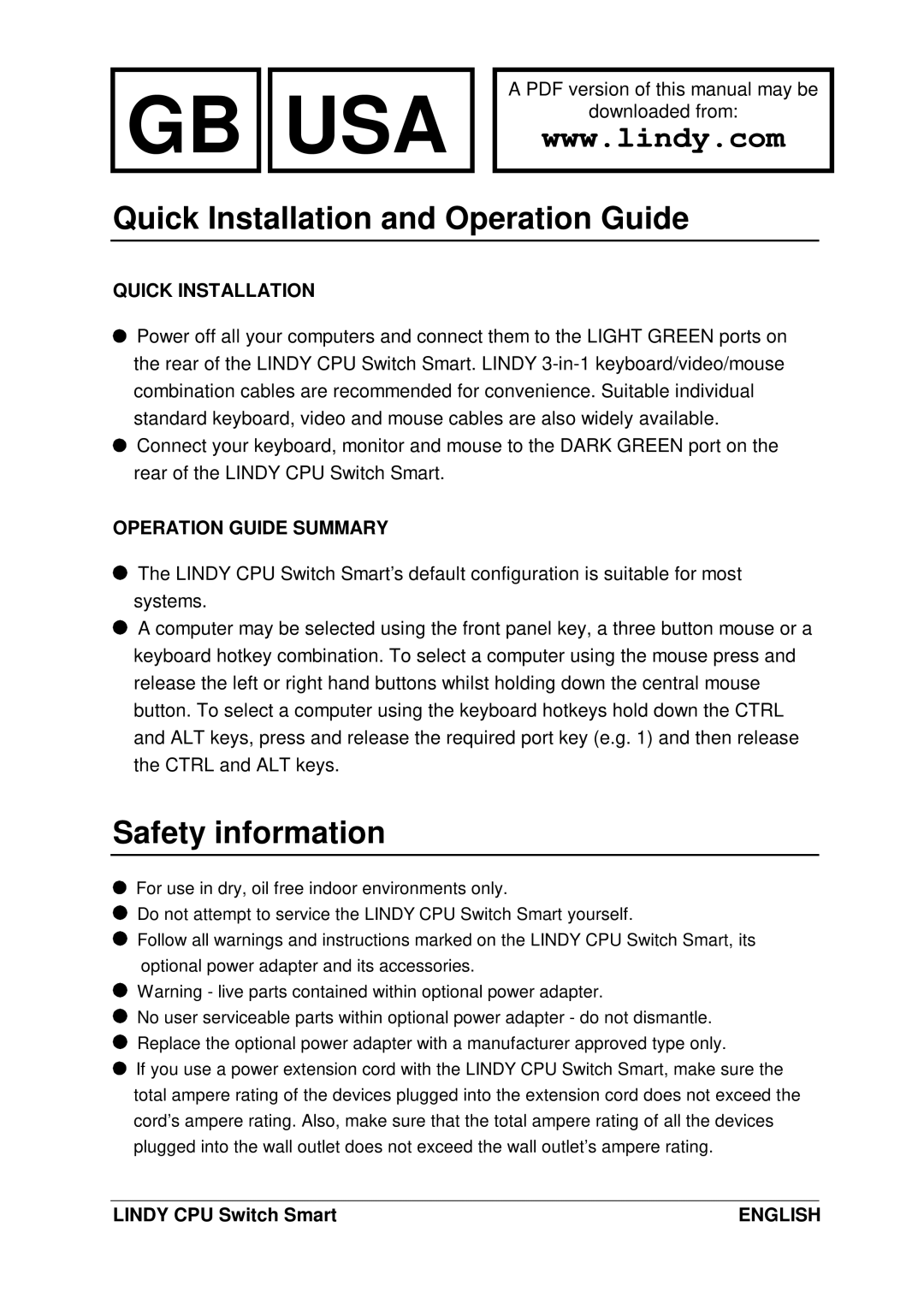 Lindy LF1TBELRG, L1TBELRG installation and operation guide Quick Installation and Operation Guide, Safety information 