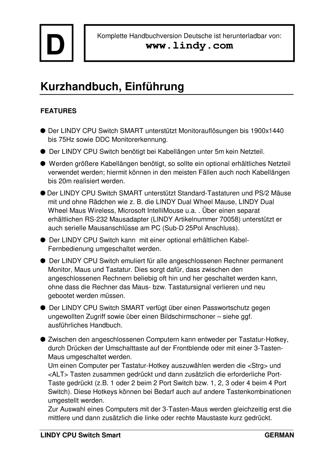 Lindy H1TBELRG, L1TBELRG, LF1TBELRG installation and operation guide Kurzhandbuch, Einführung, Features 