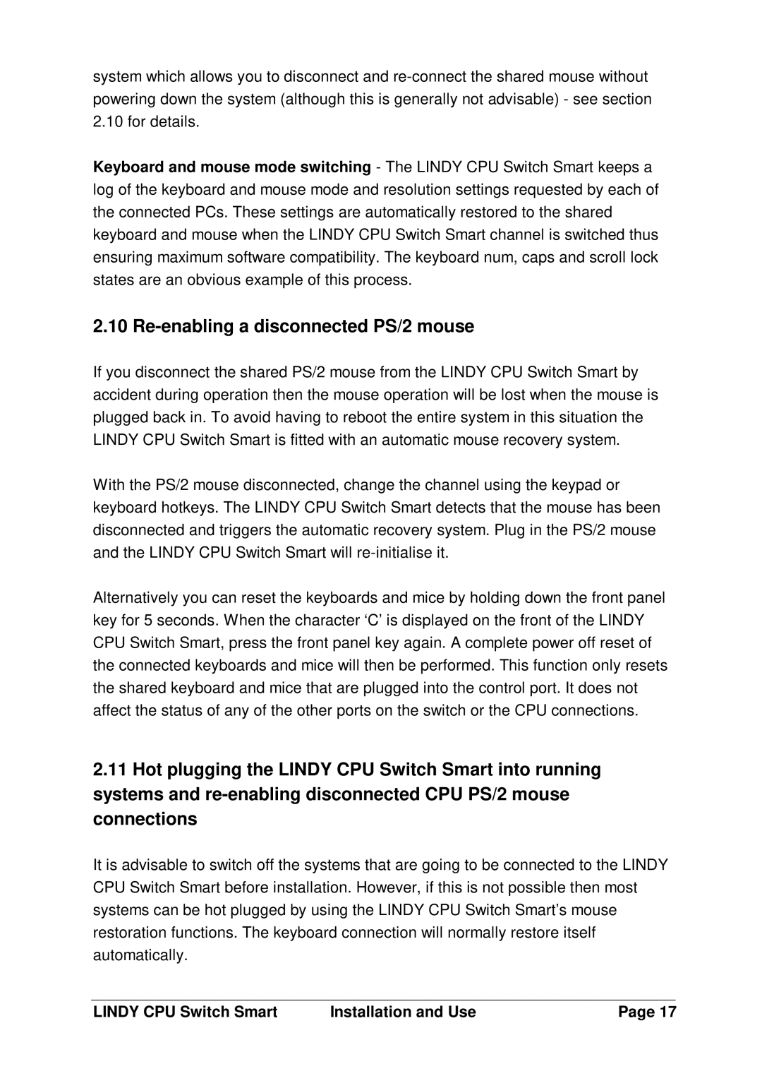 Lindy L1TBELRG, LF1TBELRG, H1TBELRG installation and operation guide Re-enabling a disconnected PS/2 mouse 