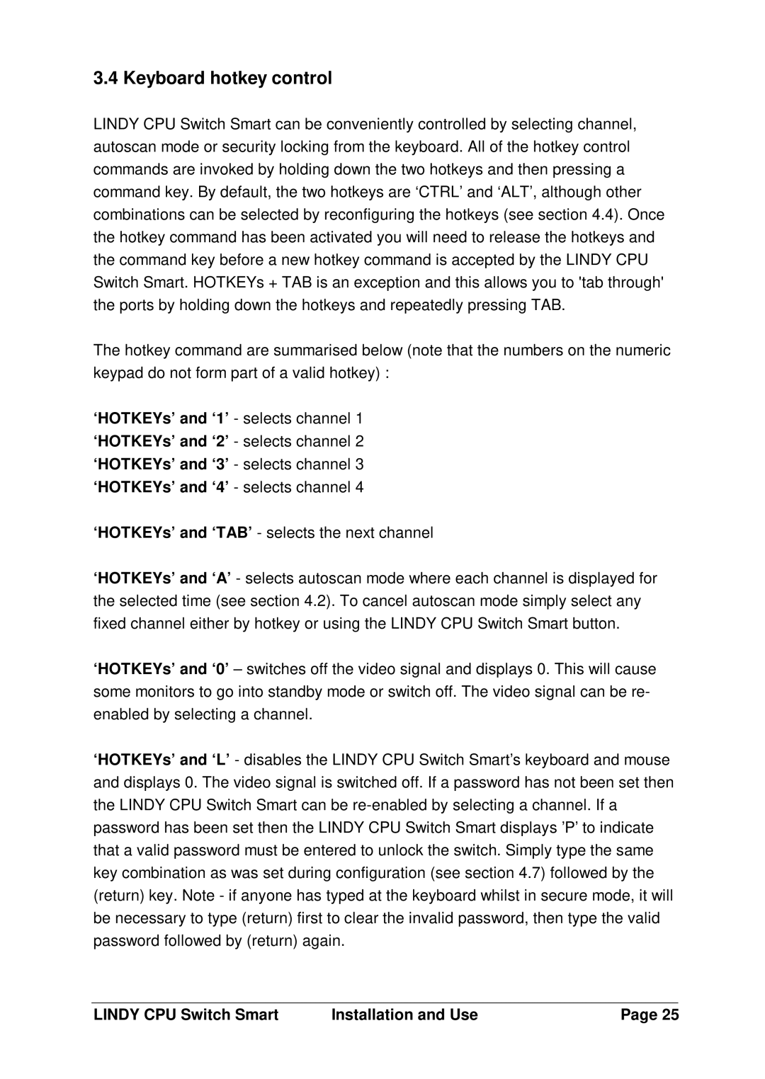 Lindy H1TBELRG, L1TBELRG, LF1TBELRG installation and operation guide Keyboard hotkey control 