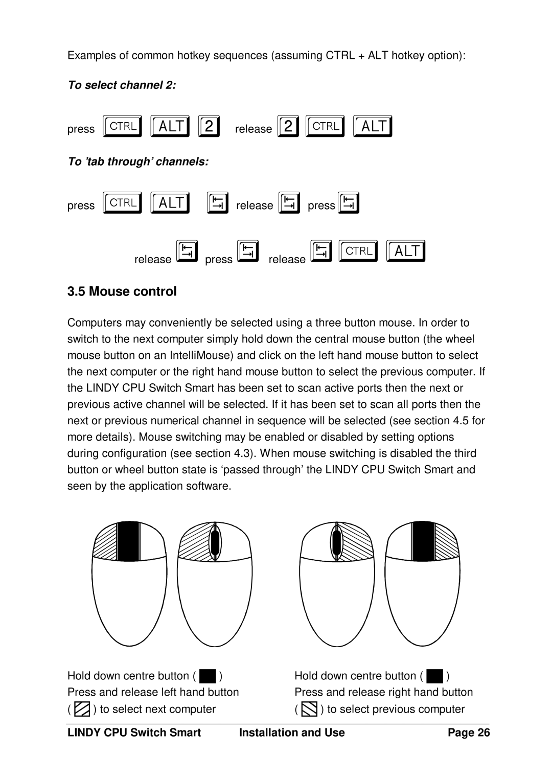 Lindy L1TBELRG, LF1TBELRG, H1TBELRG installation and operation guide Mouse control 