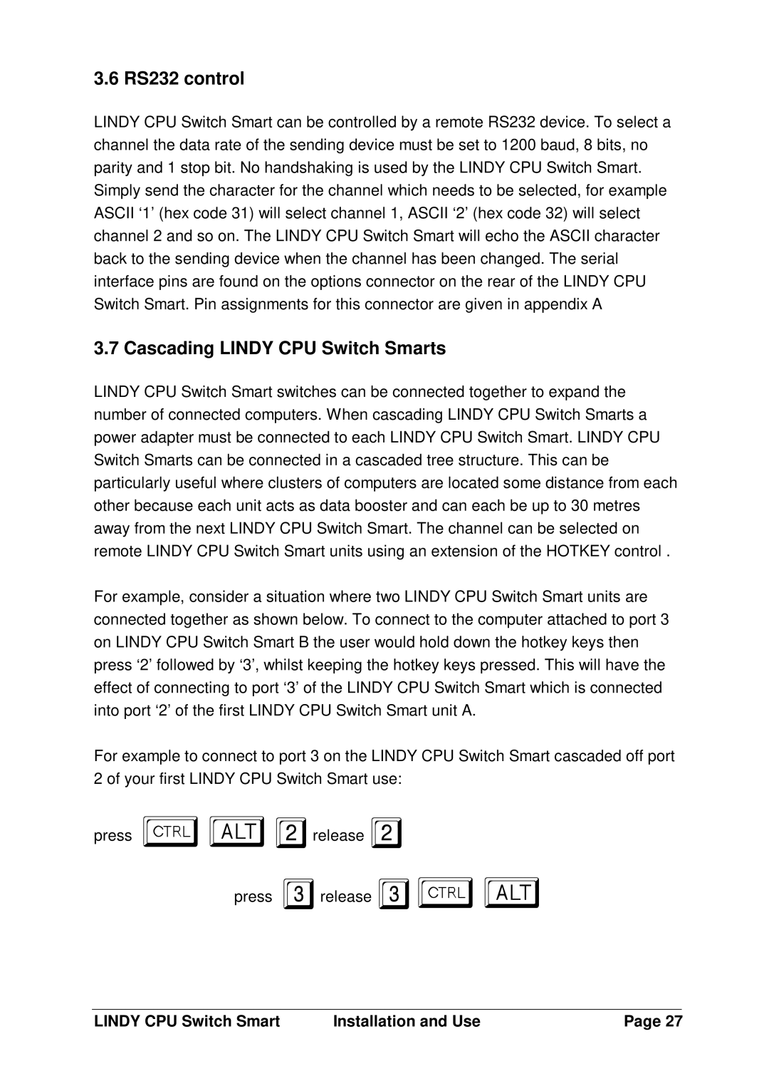 Lindy LF1TBELRG, L1TBELRG, H1TBELRG installation and operation guide RS232 control, Cascading Lindy CPU Switch Smarts 