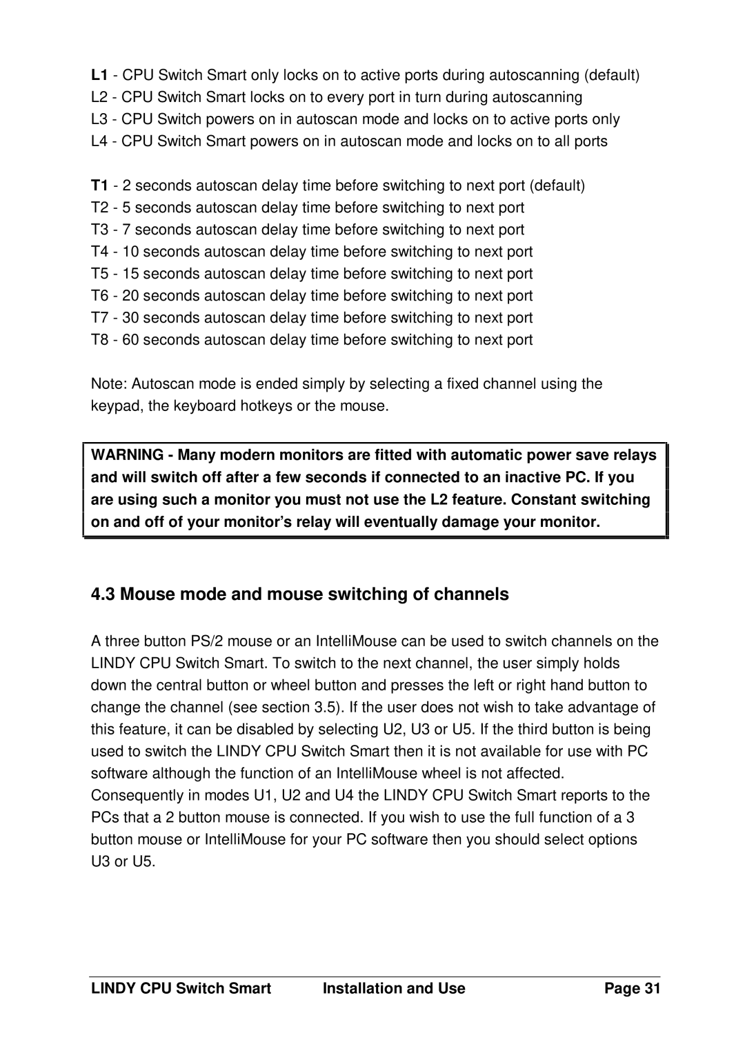 Lindy H1TBELRG, L1TBELRG, LF1TBELRG installation and operation guide Mouse mode and mouse switching of channels 