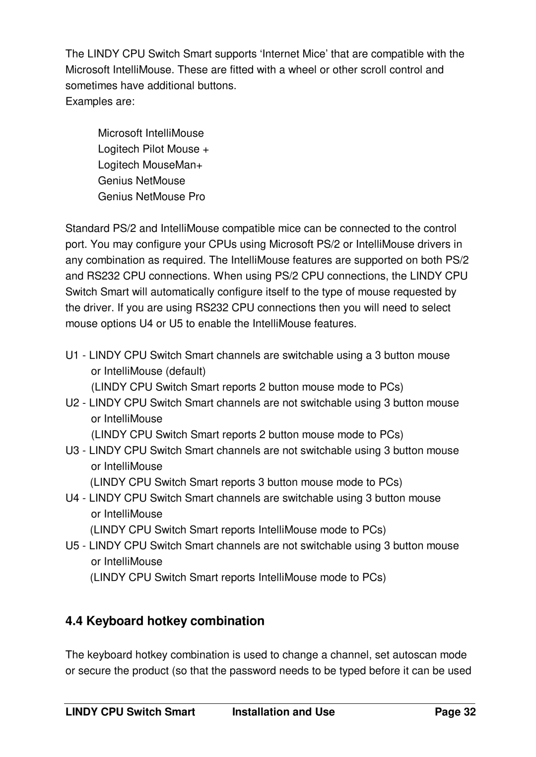 Lindy L1TBELRG, LF1TBELRG, H1TBELRG installation and operation guide Keyboard hotkey combination 