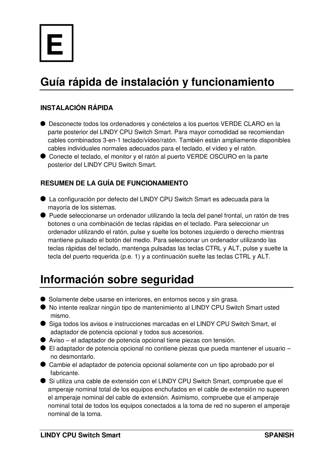 Lindy LF1TBELRG, L1TBELRG, H1TBELRG Guía rá pida de instalació n y funcionamiento, Informació n sobre seguridad 