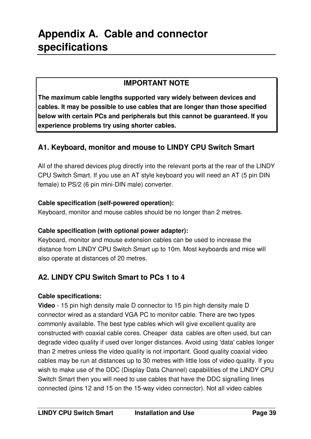 Lindy LF1TBELRG Appendix A. Cable and connector specifications, A1. Keyboard, monitor and mouse to Lindy CPU Switch Smart 