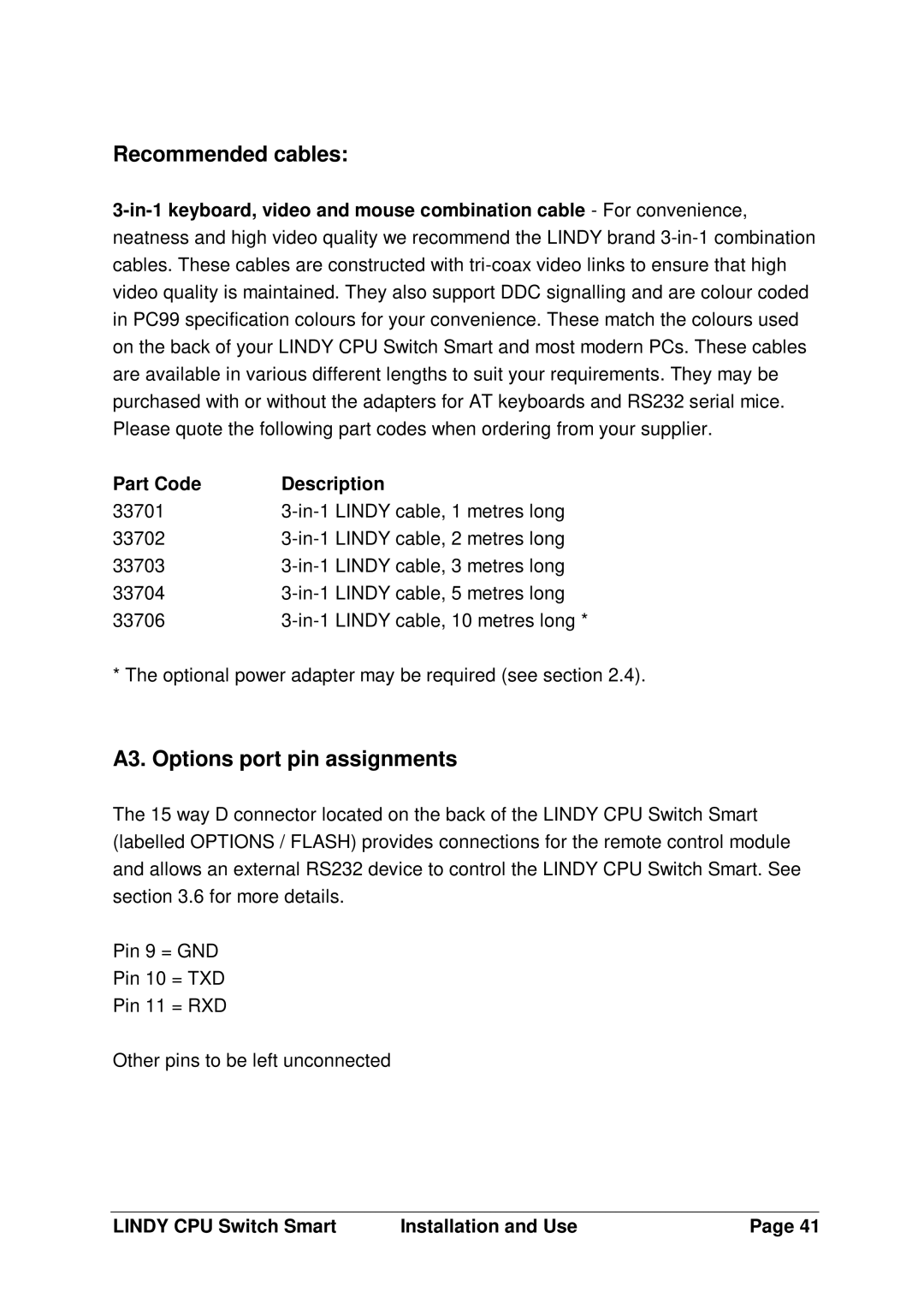 Lindy L1TBELRG, LF1TBELRG, H1TBELRG installation and operation guide Recommended cables, A3. Options port pin assignments 