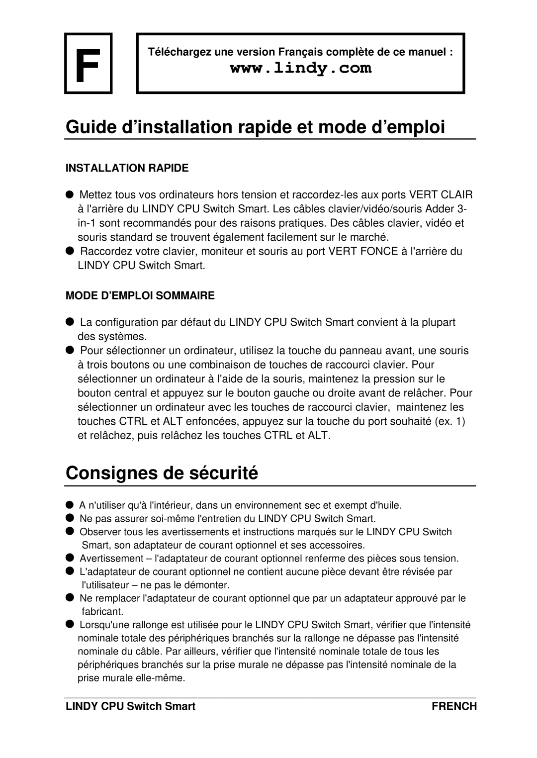 Lindy H1TBELRG, L1TBELRG, LF1TBELRG Guide d’installation rapide et mode d’emploi, Consignes de sé curité 