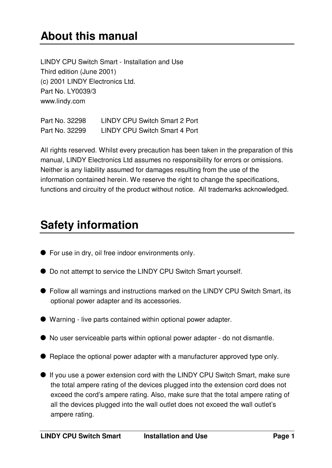 Lindy H1TBELRG, L1TBELRG, LF1TBELRG installation and operation guide About this manual, Safety information 