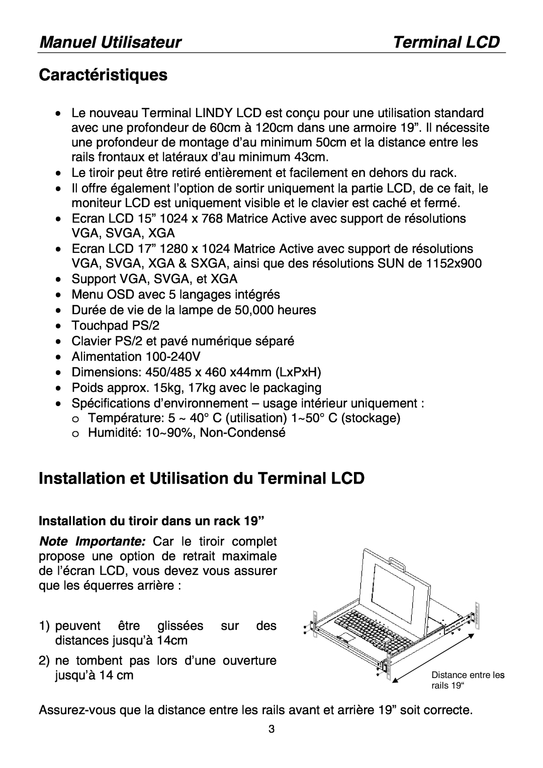 Lindy Laptop manual Caractéristiques, Installation et Utilisation du Terminal LCD, Installation du tiroir dans un rack 19” 
